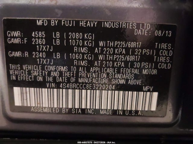 44937578 :رقم المزاد ، 4S4BRCCC8E3220204 vin ، 2014 Subaru Outback 2.5i Premium مزاد بيع