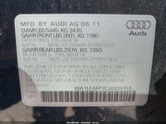 Aukcja sprzedaży 2012 Audi Q5 2.0t Premium, vin: WA1LFAFP2CA009359, numer aukcji: 44937595
