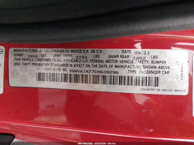 Продаж на аукціоні авто 2012 Volkswagen Beetle Turbo, vin: 3VWVA7AT7CM609296, номер лоту: 44937606