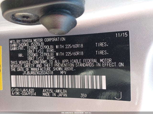 44937614 :رقم المزاد ، JTJBJRBZXG2034318 vin ، 2016 Lexus Nx 300h مزاد بيع