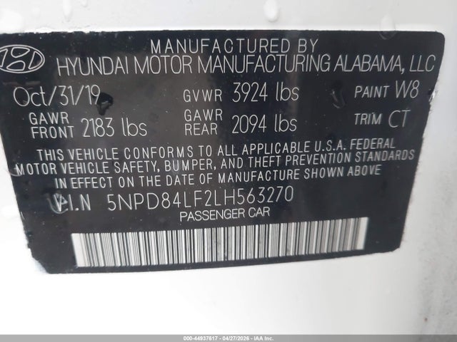Aukcja sprzedaży 2020 Hyundai Elantra Sel, vin: 5NPD84LF2LH563270, numer aukcji: 44937617