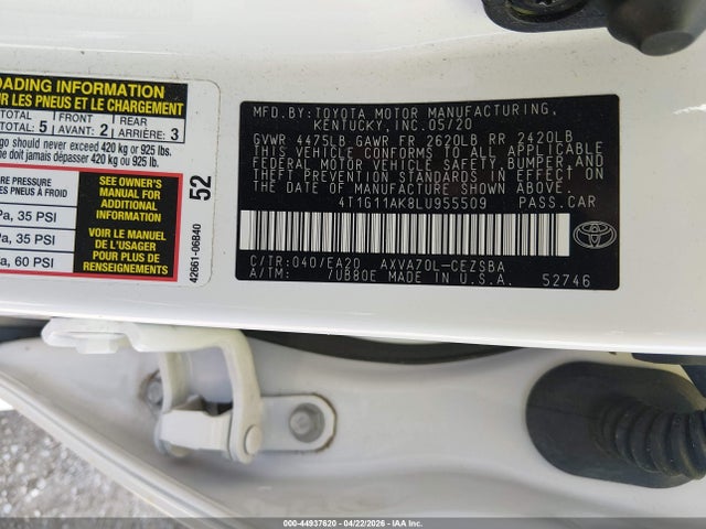 Aukcja sprzedaży 2020 Toyota Camry Se, vin: 4T1G11AK8LU955509, numer aukcji: 44937620