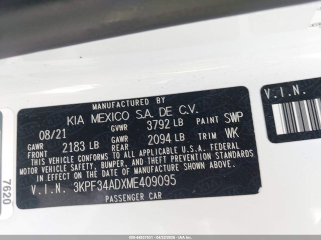 Продаж на аукціоні авто 2021 Kia Forte Gt-line, vin: 3KPF34ADXME409095, номер лоту: 44937631