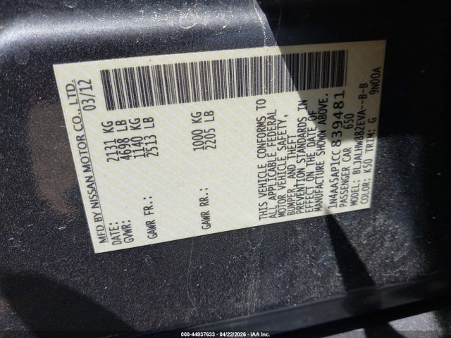 Aukcja sprzedaży 2012 Nissan Maxima 3.5 Sv, vin: 1N4AA5AP1CC839481, numer aukcji: 44937633