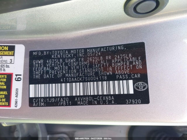 44937634 :رقم المزاد ، 4T1DAACK7SU004118 vin ، 2025 Toyota Camry Le مزاد بيع