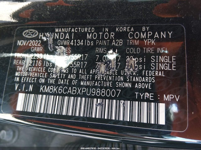2023 Hyundai Kona Sel მანქანა იყიდება აუქციონზე, vin: KM8K6CABXPU988007, აუქციონის ნომერი: 44937635