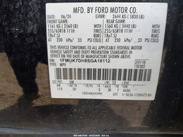 44937636 :رقم المزاد ، 1FMUK7DH8SGA18112 vin ، 2025 Ford Explorer Active مزاد بيع