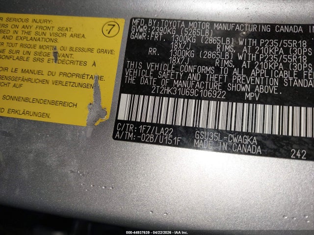 Продаж на аукціоні авто 2009 Lexus Rx 350, vin: 2T2HK31U69C106922, номер лоту: 44937639