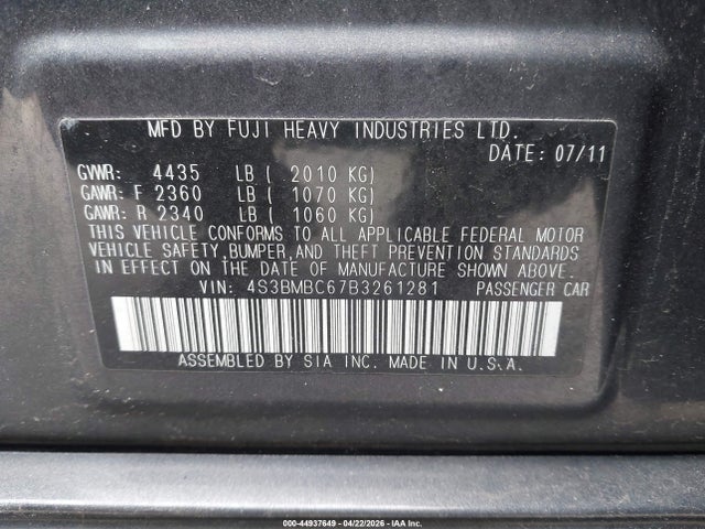 Продажа на аукционе авто 2011 Subaru Legacy 2.5i Prem Awp, vin: 4S3BMBC67B3261281, номер лота: 44937649