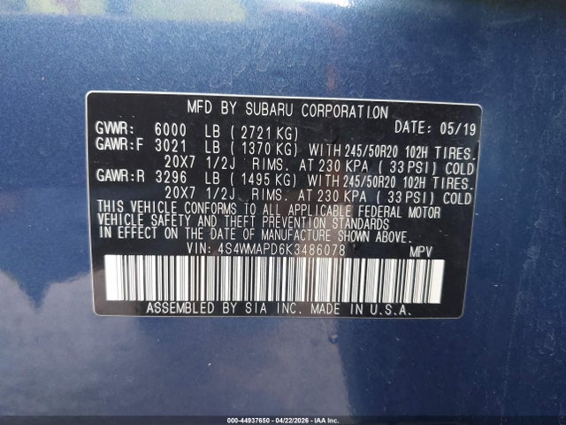 Продажа на аукционе авто 2019 Subaru Ascent Limited, vin: 4S4WMAPD6K3486078, номер лота: 44937650
