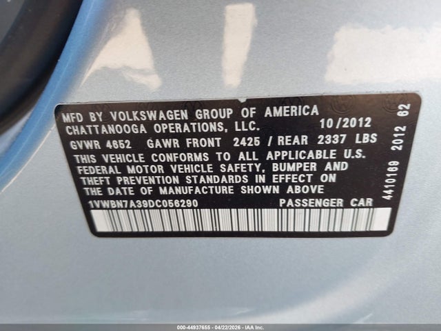 44937655 :رقم المزاد ، 1VWBN7A39DC056290 vin ، 2013 Volkswagen Passat 2.0l Tdi Se مزاد بيع