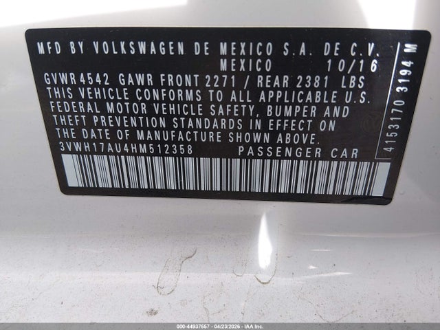 Aukcja sprzedaży 2017 Volkswagen Golf Alltrack Tsi S/tsi Se/tsi Sel, vin: 3VWH17AU4HM512358, numer aukcji: 44937657
