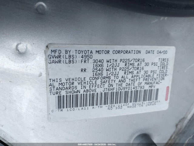 44937659 :رقم المزاد ، JT6HF10U9Y0145793 vin ، 2000 Lexus Rx 300 مزاد بيع