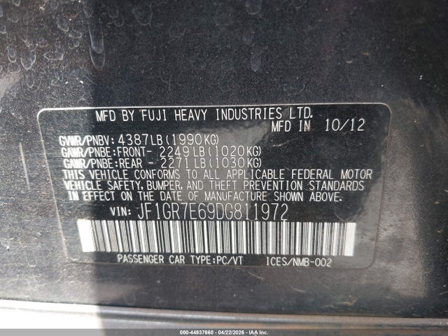 Продаж на аукціоні авто 2013 Subaru Impreza Wrx, vin: JF1GR7E69DG811972, номер лоту: 44937660