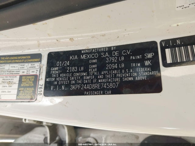 3KPF24AD8RE745807 KIA Forte Lxs