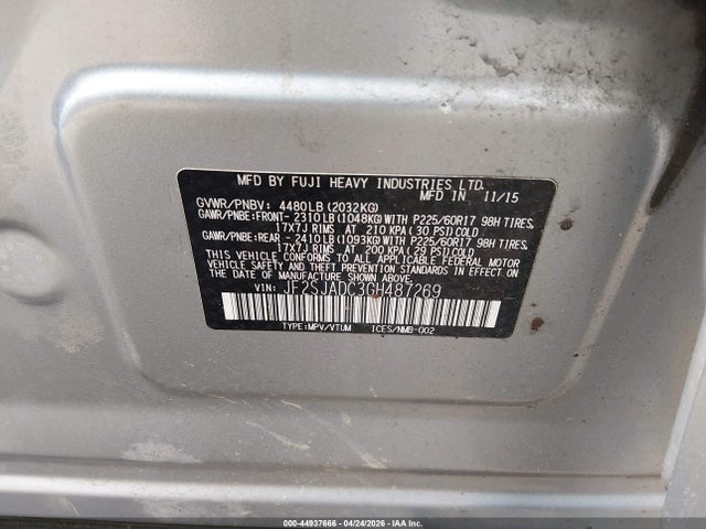 Aukcja sprzedaży 2016 Subaru Forester 2.5i Premium, vin: JF2SJADC3GH487269, numer aukcji: 44937666
