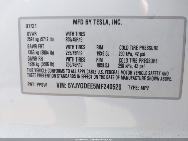 Aukcja sprzedaży 2021 Tesla Model Y Long Range Dual Motor All-wheel Drive, vin: 5YJYGDEE5MF240520, numer aukcji: 44937671