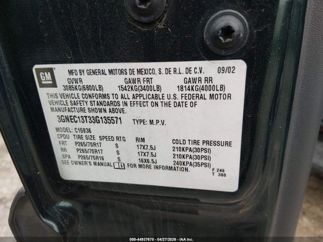 Aukcja sprzedaży 2003 Chevrolet Avalanche 1500, vin: 3GNEC13T33G135571, numer aukcji: 44937670