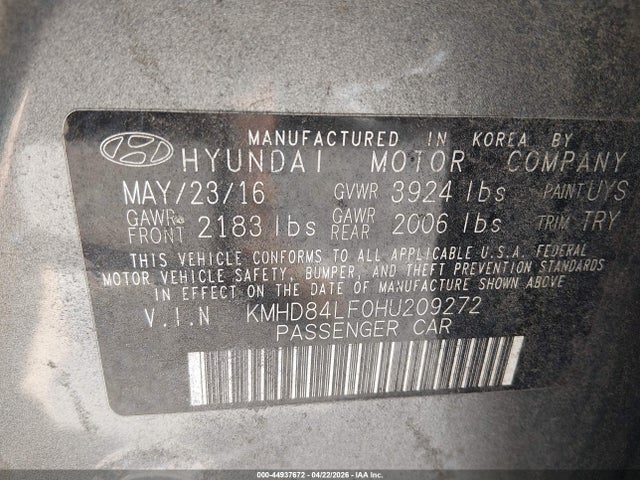 Aukcja sprzedaży 2017 Hyundai Elantra Limited, vin: KMHD84LF0HU209272, numer aukcji: 44937672