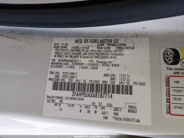 Продаж на аукціоні авто 2010 Ford Fusion Sel, vin: 3FAHP0JAXAR187714, номер лоту: 44937679