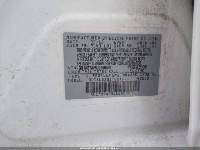 Продаж на аукціоні авто 2018 Nissan Sentra Sv, vin: 3N1AB7AP5JL650520, номер лоту: 44937683