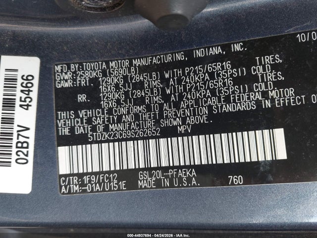Продаж на аукціоні авто 2009 Toyota Sienna Le, vin: 5TDZK23C69S262652, номер лоту: 44937694