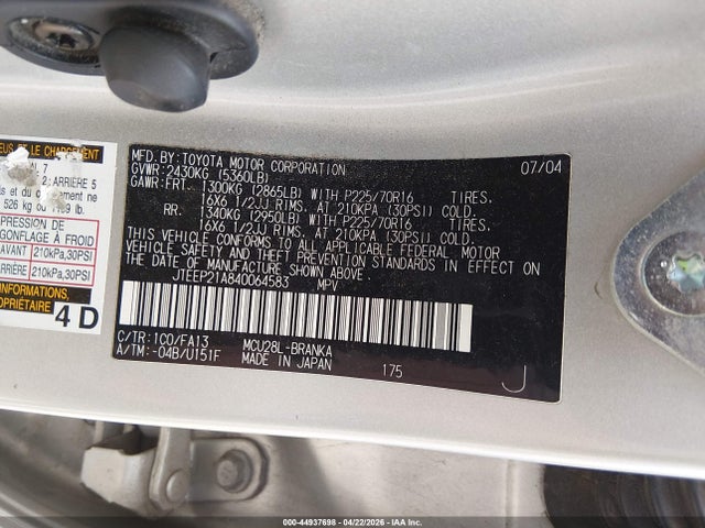 Aukcja sprzedaży 2004 Toyota Highlander V6, vin: JTEEP21A840064583, numer aukcji: 44937698