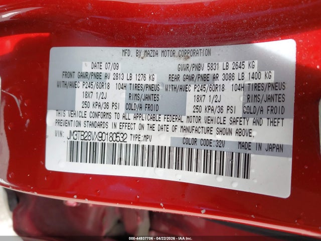 44937706 :رقم المزاد ، JM3TB28VX90180532 vin ، 2009 Mazda Cx-9 Touring مزاد بيع