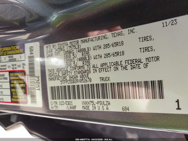 2024 Toyota Tundra Hybrid Trd Pro 4wd მანქანა იყიდება აუქციონზე, vin: 5TFPC5DB2RX052670, აუქციონის ნომერი: 44937714