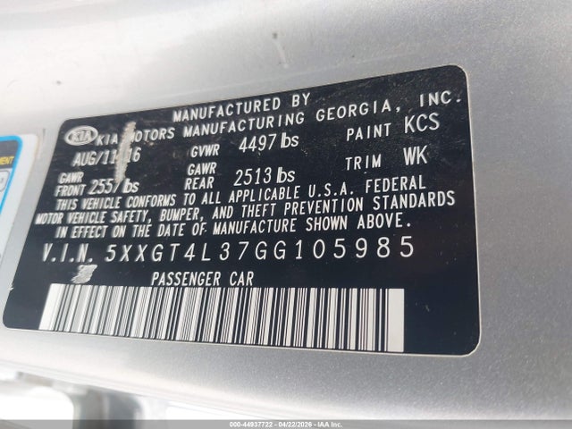 Продаж на аукціоні авто 2016 Kia Optima Lx, vin: 5XXGT4L37GG105985, номер лоту: 44937722