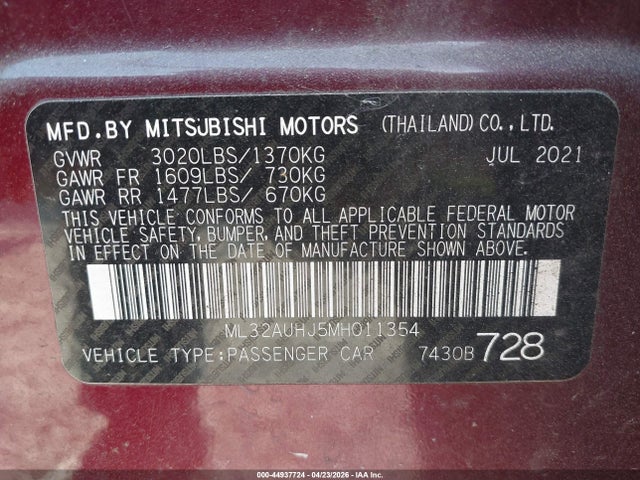 Продаж на аукціоні авто 2021 Mitsubishi Mirage Carbonite Edition/es/le, vin: ML32AUHJ5MH011354, номер лоту: 44937724