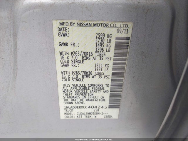 Auction sale of the 2012 Nissan Frontier Sv, vin: 1N6AD0ERXCC404245, lot number: 44937732