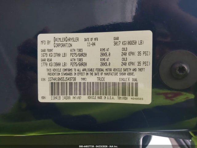 Aukcja sprzedaży 2005 Dodge Ram 1500 Slt/laramie, vin: 1D7HA18N55J549738, numer aukcji: 44937739