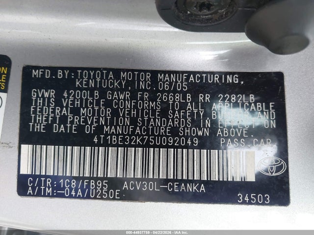 Aukcja sprzedaży 2005 Toyota Camry Le, vin: 4T1BE32K75U092049, numer aukcji: 44937759