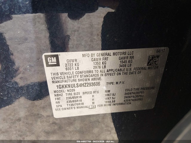 Aukcja sprzedaży 2017 Gmc Acadia Slt-1, vin: 1GKKNULS4HZ293606, numer aukcji: 44937764