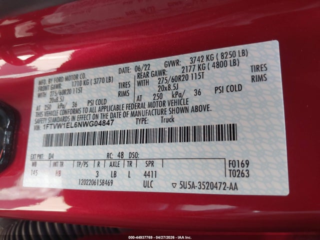 1FTVW1EL6NWG04847 Ford F-150 Lightning Lariat