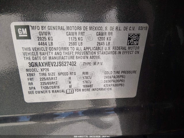 Aukcja sprzedaży 2018 Chevrolet Equinox Ls, vin: 3GNAXHEV2JS627402, numer aukcji: 44937776