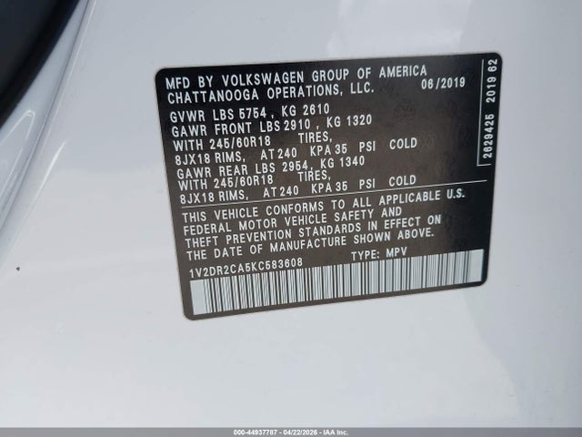 44937787 :رقم المزاد ، 1V2DR2CA5KC583608 vin ، 2019 Volkswagen Atlas 3.6l V6 Se مزاد بيع