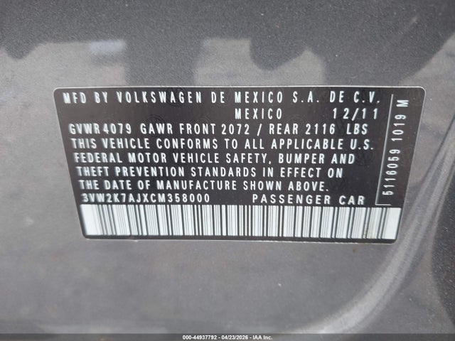 44937792 :رقم المزاد ، 3VW2K7AJXCM358000 vin ، 2012 Volkswagen Jetta 2.0l S مزاد بيع