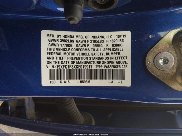 Aukcja sprzedaży 2019 Honda Civic Ex, vin: 19XFC1F3XKE019917, numer aukcji: 44937794