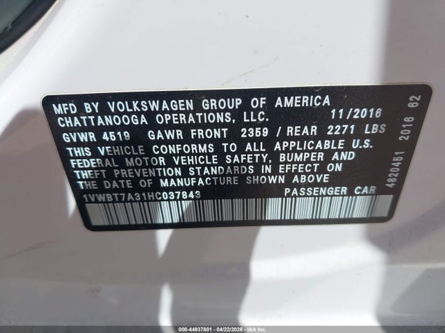 44937801 :رقم المزاد ، 1VWBT7A31HC037843 vin ، 2017 Volkswagen Passat 1.8t Se مزاد بيع