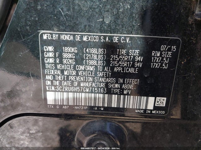 Aukcja sprzedaży 2016 Honda Hr-v Ex, vin: 3CZRU6H57GM715163, numer aukcji: 44937817