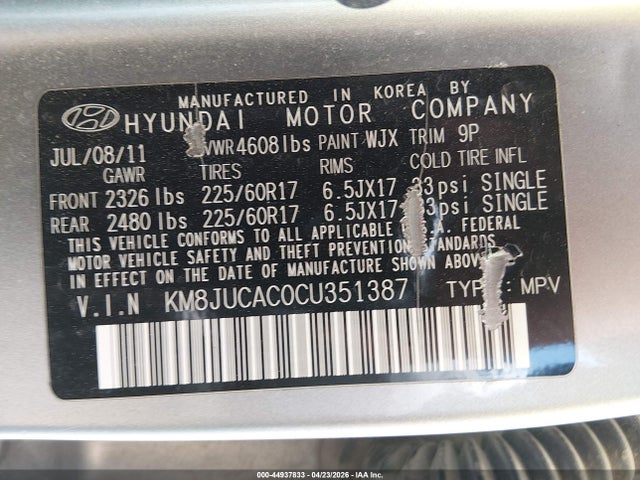 Aukcja sprzedaży 2012 Hyundai Tucson Gls, vin: KM8JUCAC0CU351387, numer aukcji: 44937833