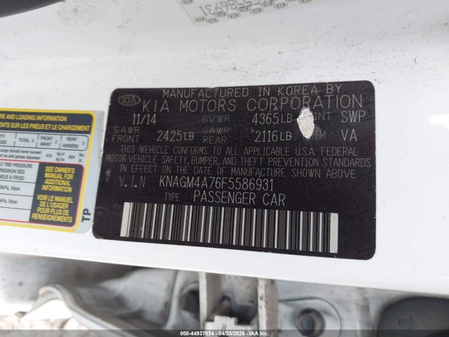 44937834 :رقم المزاد ، KNAGM4A76F5586931 vin ، 2015 Kia Optima Lx مزاد بيع