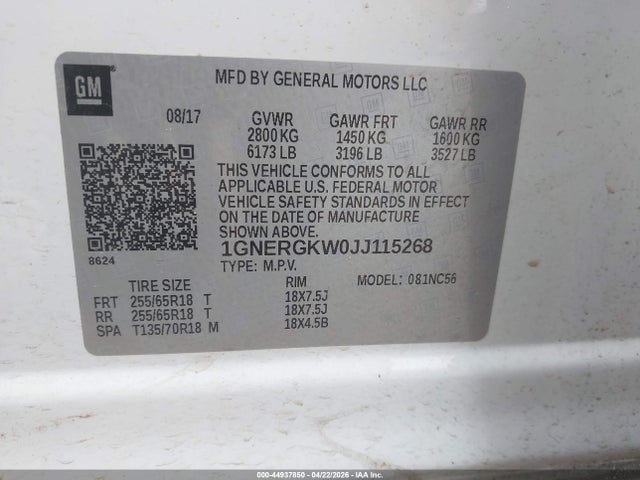 44937850 :رقم المزاد ، 1GNERGKW0JJ115268 vin ، 2018 Chevrolet Traverse 1lt مزاد بيع