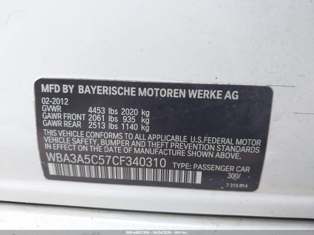 44937854 :رقم المزاد ، WBA3A5C57CF340310 vin ، 2012 Bmw 328i مزاد بيع