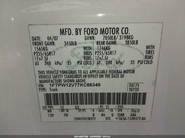 Aukcja sprzedaży 2007 Ford F-150 Lariat/xlt, vin: 1FTPW12V77KC88349, numer aukcji: 44937856
