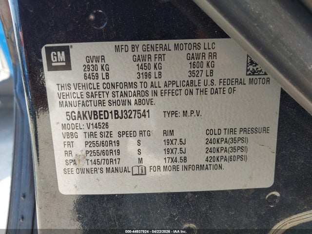 Aukcja sprzedaży 2011 Buick Enclave 1xl, vin: 5GAKVBED1BJ327541, numer aukcji: 44937924