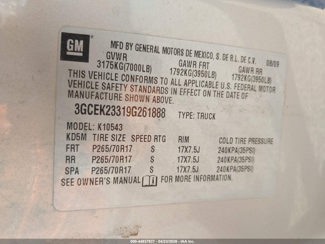 Aukcja sprzedaży 2009 Chevrolet Silverado 1500 Lt, vin: 3GCEK23319G261888, numer aukcji: 44937927
