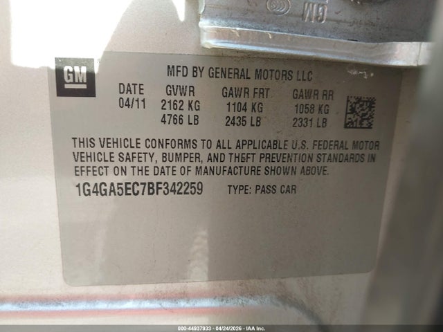 Aukcja sprzedaży 2011 Buick Lacrosse Cx, vin: 1G4GA5EC7BF342259, numer aukcji: 44937933